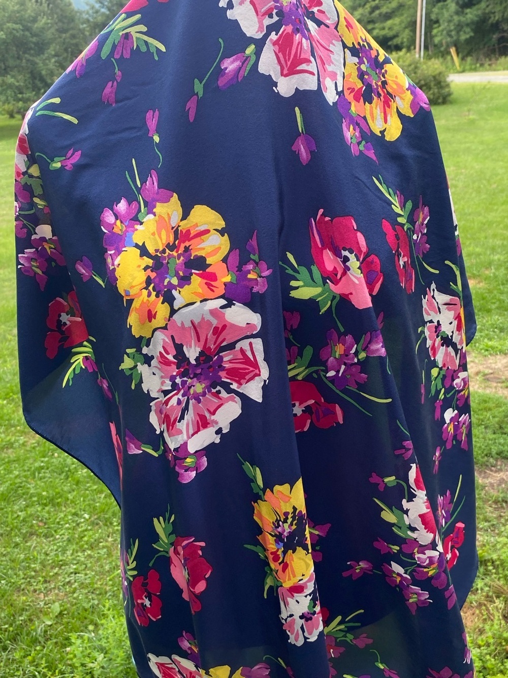 Ellen Tracy Navy Floral Wrap with Pink & Yellow Blooms